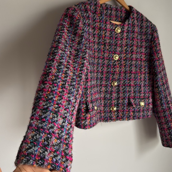 NEW SANDRO Cropped  wool blend bouclé-tweed jacket - Black/Fuschia FR 38 - Picture 7 of 16